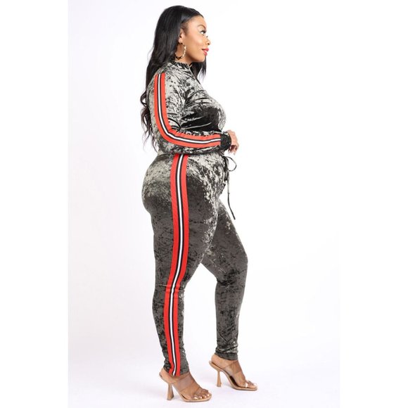 Women's Velvet Zip Up Long Sleeve With Stripe Sport Tape Top & Matching Pants - Picture 6 of 10